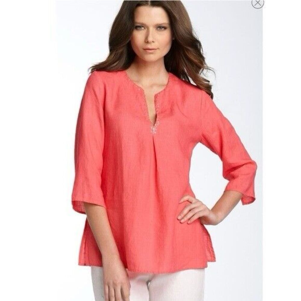 Eileen Fisher Petite Coral Pink Irish Linen‎ Sequin V-Neck Tunic Top PL